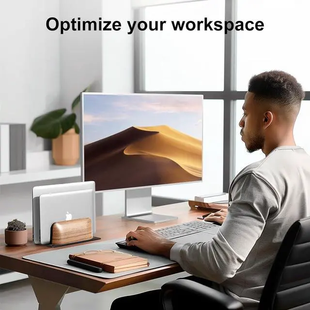 Alt view image 5 of 6 - UPERGO Vertical Laptop Stand, Dual Slot Wooden Laptop Holder Vertical for Desk, Width Adjustable Dock for MacBook Pro and Other Laptops