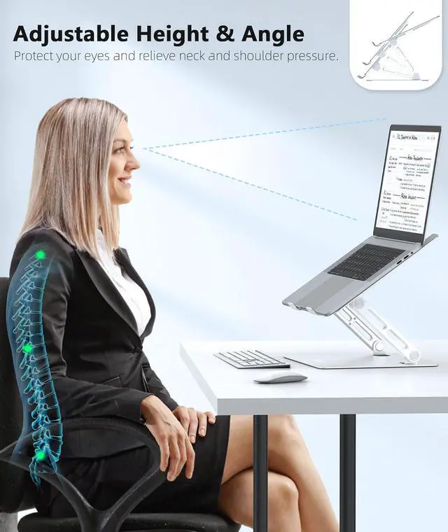Alt view image 2 of 7 - Laptop Stand for Desk Adjustable Ergonomic Laptop Holder wiht Non-Slip Mat and Protective Hooks Fordable Laptop Riser Compatible with 10-17 Laptop-Silver