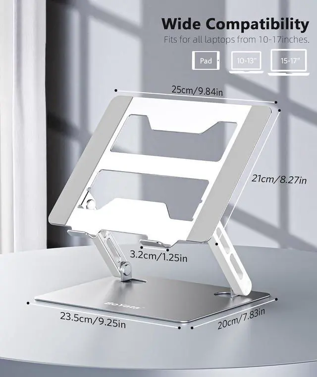 Alt view image 6 of 7 - Laptop Stand for Desk Adjustable Ergonomic Laptop Holder wiht Non-Slip Mat and Protective Hooks Fordable Laptop Riser Compatible with 10-17 Laptop-Silver