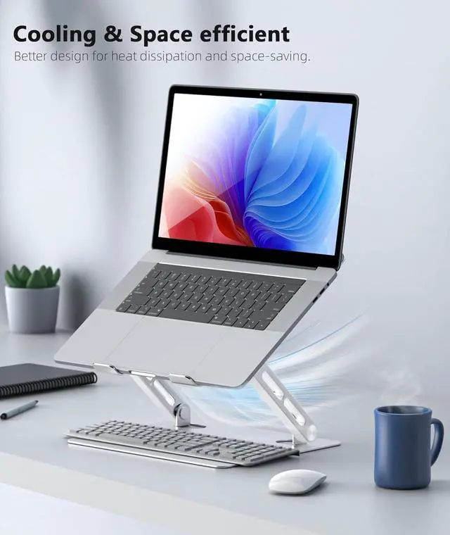 Alt view image 3 of 7 - Laptop Stand for Desk Adjustable Ergonomic Laptop Holder wiht Non-Slip Mat and Protective Hooks Fordable Laptop Riser Compatible with 10-17 Laptop-Silver