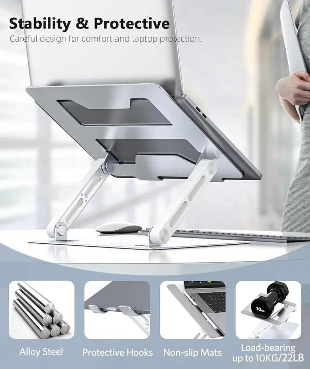 Alt view image 4 of 7 - Laptop Stand for Desk Adjustable Ergonomic Laptop Holder wiht Non-Slip Mat and Protective Hooks Fordable Laptop Riser Compatible with 10-17 Laptop-Silver