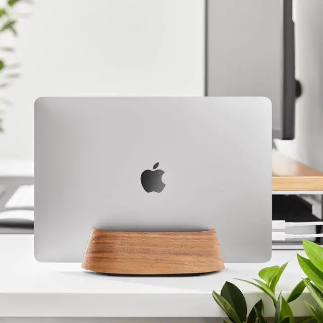Alt view image 2 of 7 - HumanCentric Vertical Laptop Stand in Black Walnut Wood, Upright Adjustable Holder and Dock, Laptop Vertical Stand Fits MacBook Pro and Other Laptops .5" to 1.5", Clamshell Compatible