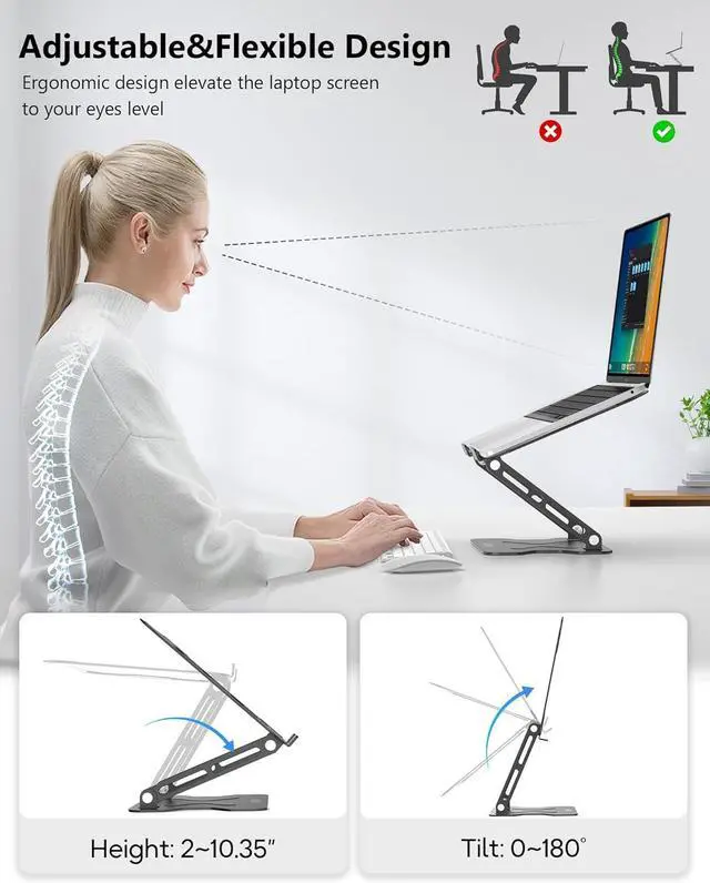 Alt view image 4 of 6 - Laptop Stand for Desk Adjustable Laptop Stand Metal Folding Laptop Stand Laptop Riser for Desk for Laptops up to 16 Inches MacBook air pro HP Lenovo Dell XPS Notebook(Black)
