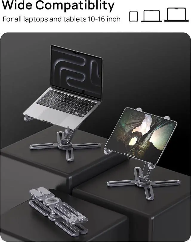 Alt view image 3 of 7 - Foldable Laptop Stand for Desk Adjustable Computer Riser Stand for Notebook with 360 Rotating Base Aluminum Portable Laptop Stand Compatible with MacBook Pro/Air All Laptop Gray