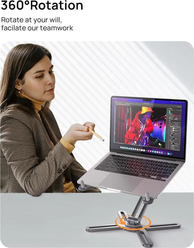 Alt view image 6 of 7 - Foldable Laptop Stand for Desk Adjustable Computer Riser Stand for Notebook with 360 Rotating Base Aluminum Portable Laptop Stand Compatible with MacBook Pro/Air All Laptop Gray