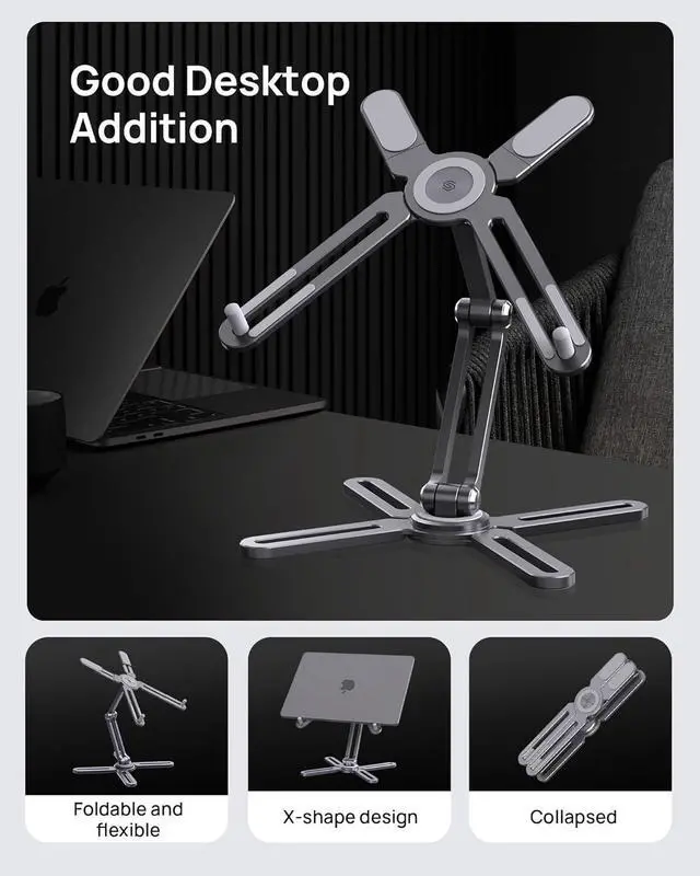 Alt view image 4 of 7 - Foldable Laptop Stand for Desk Adjustable Computer Riser Stand for Notebook with 360 Rotating Base Aluminum Portable Laptop Stand Compatible with MacBook Pro/Air All Laptop Gray