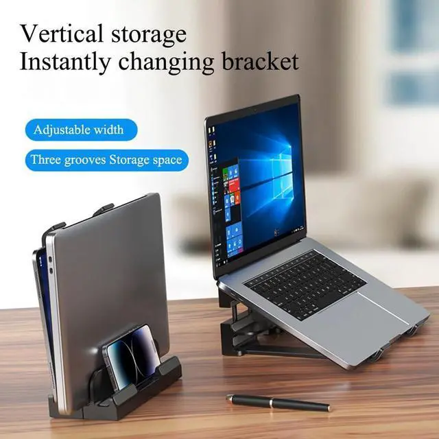 Alt view image 2 of 7 - Vertical Laptop Stand for Desk,Three Slots Laptop Holder,Dual-Function,Space-Saving Upright Storage for Pad and Laptops,with Laptop Stand Ability(Black)