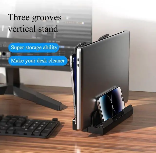 Alt view image 3 of 7 - Vertical Laptop Stand for Desk,Three Slots Laptop Holder,Dual-Function,Space-Saving Upright Storage for Pad and Laptops,with Laptop Stand Ability(Black)