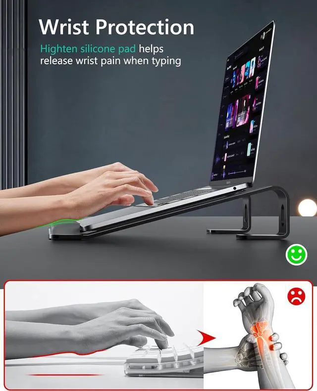 Alt view image 2 of 6 - Ergonomic Laptop Stand for Desk, Ergonomic Computer Stand with Wrist Rest, Aluminum Portable Laptop Stands Holder Mount for MacBook Air Pro, All 10-17" Laptop, Black