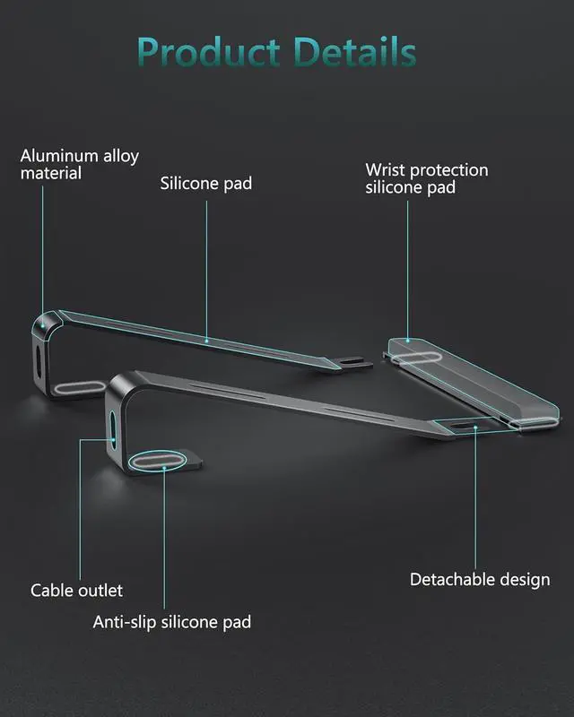Alt view image 3 of 6 - Ergonomic Laptop Stand for Desk, Ergonomic Computer Stand with Wrist Rest, Aluminum Portable Laptop Stands Holder Mount for MacBook Air Pro, All 10-17" Laptop, Black
