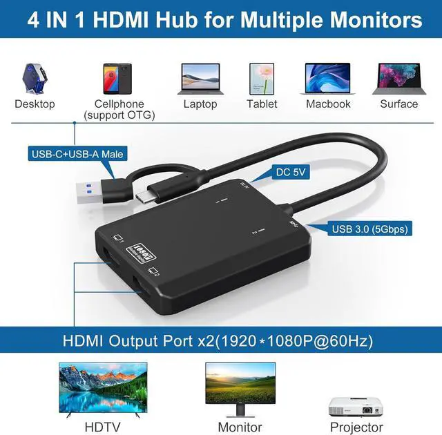 Alt view image 2 of 7 - USB 3.0 to Dual HDMI Adapter - USB C/USB 3.0 to HDMI Splitter Extended Display Dual Monitors with USB 3.0 Port, USB to 2X HDMI Monitors 1080p@60Hz for Laptop Monitor Desktop TV, Mac OS Windows Android