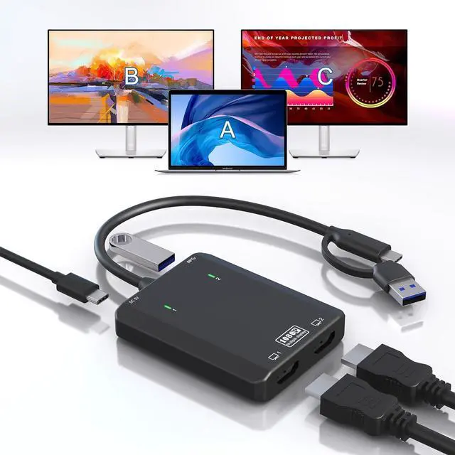 Main image of USB 3.0 to Dual HDMI Adapter - USB C/USB 3.0 to HDMI Splitter Extended Display Dual Monitors with USB 3.0 Port, USB to 2X HDMI Monitors 1080p@60Hz for Laptop Monitor Desktop TV, Mac OS Windows Android