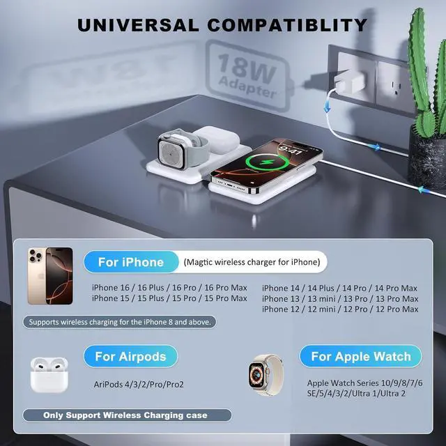 Alt view image 4 of 6 - Wireless Charger for iPhone-3 in 1 Charging Station for  Multiple Devices Travel Charger for iPhone 16 15 14 13 12 pro max & AirPods 4/3/Pro &  Watch