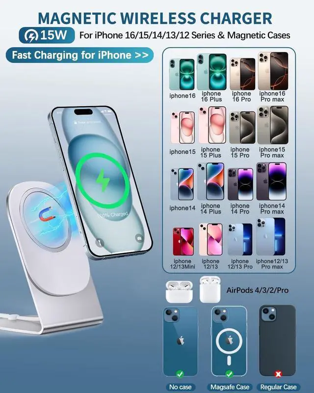 Alt view image 3 of 7 - Magnetic Wireless Charger Mag-Safe Charger for iPhone 16/15/14/13/12 Series Convertible Magnet Wireless Charging Stand/Pad with 5ft Cable for iPhone and AirPods 2/3/Pro 2/Pro