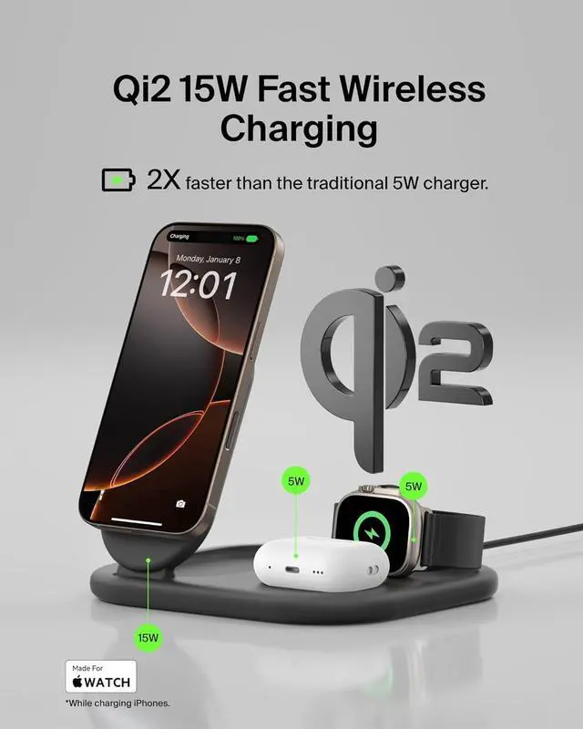 Alt view image 2 of 7 - 3-in-1 MagSafe-Compatible iPhone Charger 15W Foldable Magnetic Qi2-Certified Wireless Charging Station for iPhone 16  Watch Series 10 AirPods 4 and More w/Non-Slip Base & PSU - Black
