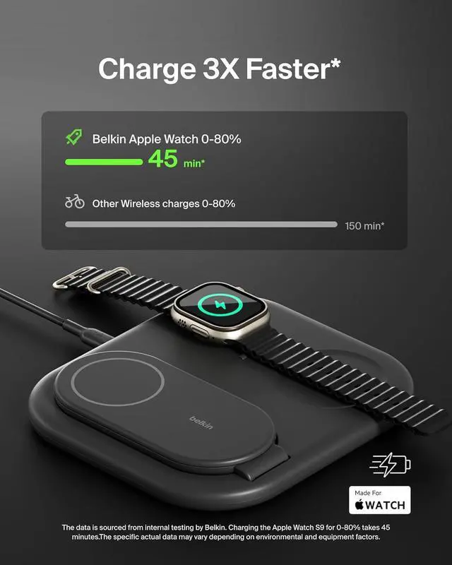 Alt view image 3 of 7 - 3-in-1 MagSafe-Compatible iPhone Charger 15W Foldable Magnetic Qi2-Certified Wireless Charging Station for iPhone 16  Watch Series 10 AirPods 4 and More w/Non-Slip Base & PSU - Black