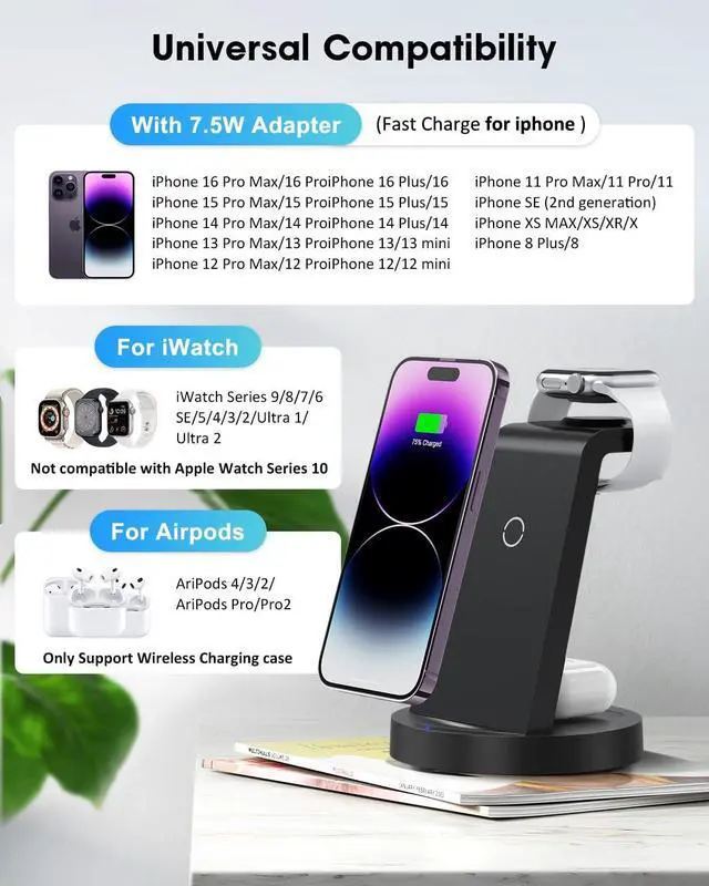 Alt view image 3 of 7 - 3 in 1 Charging Station for  Device Wireless Charger for iPhone 16e 16 15 14 13 12 11 Pro Max &  Watch iwatch- Charging Stand Dock for AirPods