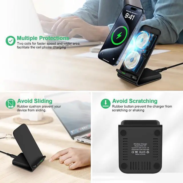 Alt view image 3 of 7 - Wireless Charger Fast Charging Stand Wireless Android Desk Phone Charger Pad 15W for  Galaxy S24 S25 Ultra Plus S24FE S23FE S22 S21 Pixel 9 Pro iPhone 16/15 Pro Max with 18W Adapter