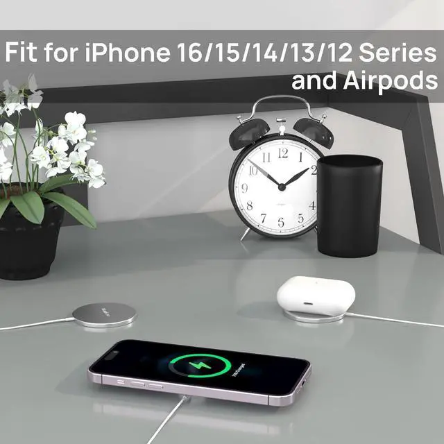 Alt view image 5 of 7 - Magnetic Wireless Charger MagEase 15W Wireless Charger Magnetic Compatible with iPhone 16 15 14 13 12 Series and AirPods 3/2/Pro Charging Pad with USB-C Cable and USB-A Converter (White)