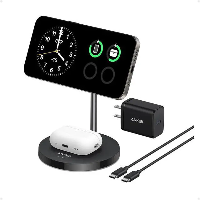 Main image of Anker MagSafe Compatible MagGo Charger Stand, iPhone 16 Wireless Charger, 2-in-1 Charging Station, Qi2 Certified 15W Max Charging, for iPhone 16/15/14/13/12, AirPods Pro (Black, with 40W Adapter)