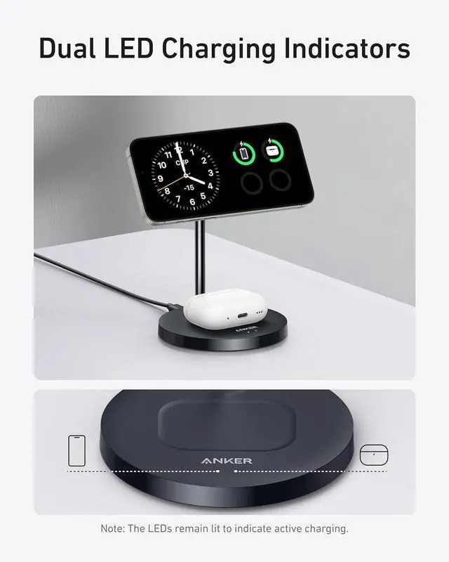 Alt view image 5 of 6 - Anker MagSafe Compatible MagGo Charger Stand, iPhone 16 Wireless Charger, 2-in-1 Charging Station, Qi2 Certified 15W Max Charging, for iPhone 16/15/14/13/12, AirPods Pro (Black, with 40W Adapter)