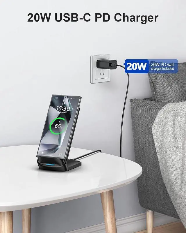 Alt view image 2 of 7 - Fast Wireless Charger Qi Certified Wireless Charging Stand with QC3.0 Adapter USB Charger for iPhone 16/16 Plus/16 Pro/16 Pro Max/15/14/13/12 10W for  Galaxy S25/S24/S23/S22/S21/Note 20