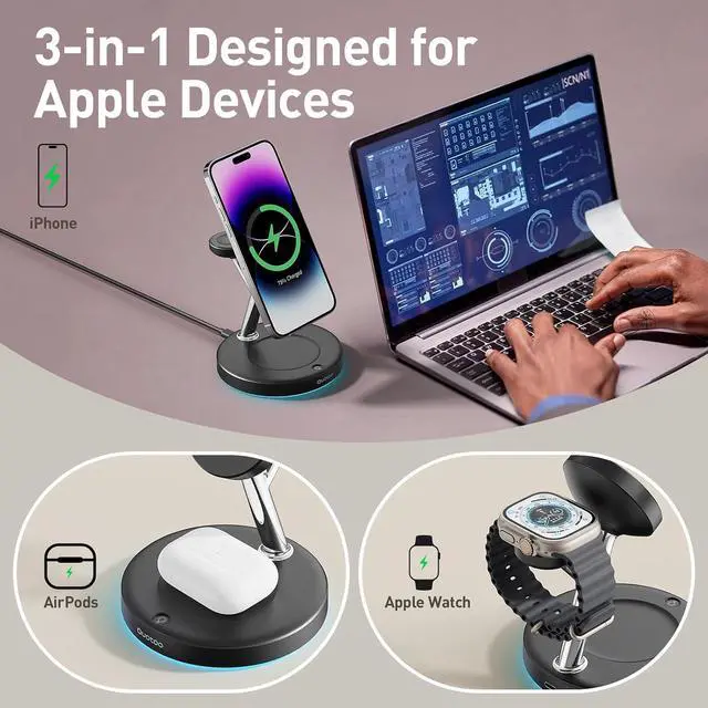 Alt view image 3 of 6 - 2025 3 in 1 Charging Station Compatible with Magsafe Charger Wireless Charger Stand for iPhone 16 15 14 13 12 Series Wireless Charging Station for AirPods Wireless Charging Stand for iWatch Series