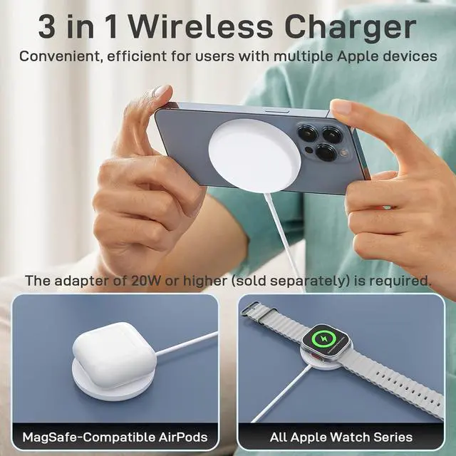 Alt view image 2 of 7 - 3-in-1 Magnetic Wireless Charger - 15W Fast Charging Pad for iPhone 16/15/14/13/12 AirPods and  Watch - Compact Safe Travel-Friendly Design