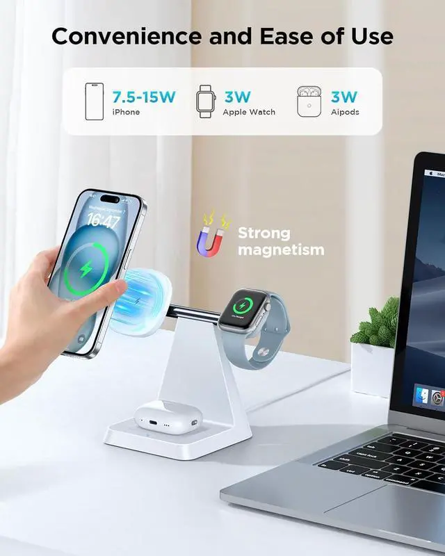Alt view image 3 of 7 - Magnetic Wireless Charger for iPhone - 3-in-1 Fast Charging Station Compatible with MagSafe Charger iPhone 16-12 Series  Watch AirPods for Nightstand Desktop Bedside (White)