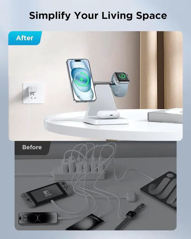 Alt view image 4 of 7 - Magnetic Wireless Charger for iPhone - 3-in-1 Fast Charging Station Compatible with MagSafe Charger iPhone 16-12 Series  Watch AirPods for Nightstand Desktop Bedside (White)