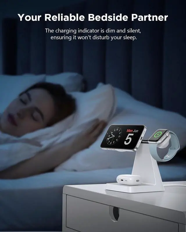 Alt view image 7 of 7 - Magnetic Wireless Charger for iPhone - 3-in-1 Fast Charging Station Compatible with MagSafe Charger iPhone 16-12 Series  Watch AirPods for Nightstand Desktop Bedside (White)