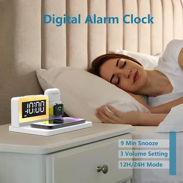Alt view image 5 of 7 - 5 in 1 Bedside Wireless Charging Station with Alarm Clock and 7 Color Night Light for Magsafe for iPhone for  Watch for Airpod Magnetic Cell Phone Charger Docking Stand for  Devices (White)