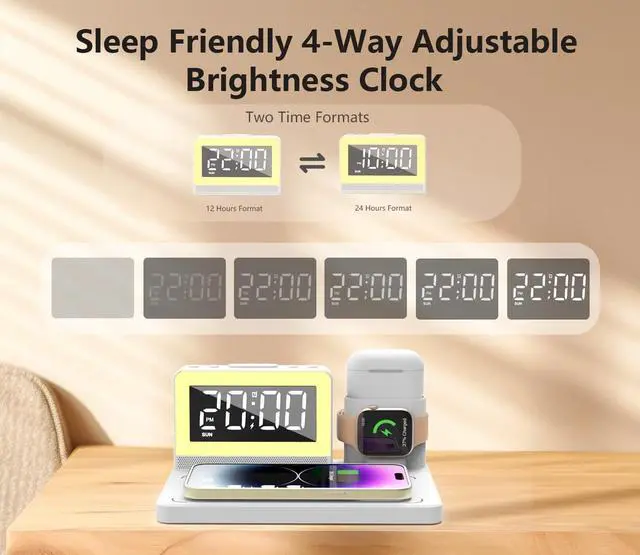 Alt view image 7 of 7 - 5 in 1 Bedside Wireless Charging Station with Alarm Clock and 7 Color Night Light for Magsafe for iPhone for  Watch for Airpod Magnetic Cell Phone Charger Docking Stand for  Devices (White)