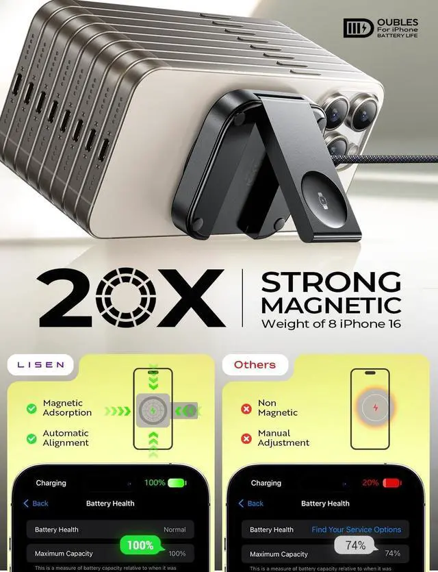 Alt view image 3 of 6 - for MagSafe Charger Stand for iPhone and  Watch Charging Station Best Travel Accessories for iPhone 16 MagSafe Charger Office Magnetic Wireless Charger for iPhone iwatch Airpods Black