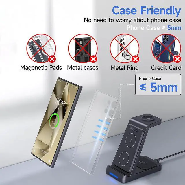 Alt view image 5 of 7 - 3 in 1 Wireless Charging Station for  Fast Phone Charger Station for  Galaxy S24 S23 S22 S20 Ultra Z Flip Fold 5/4/3Galaxy Watch 6/5/4/3Buds Black