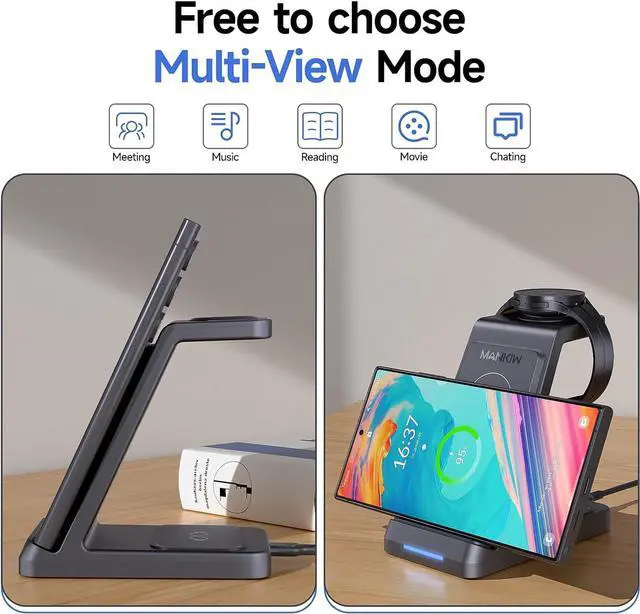 Alt view image 6 of 7 - 3 in 1 Wireless Charging Station for  Fast Phone Charger Station for  Galaxy S24 S23 S22 S20 Ultra Z Flip Fold 5/4/3Galaxy Watch 6/5/4/3Buds Black