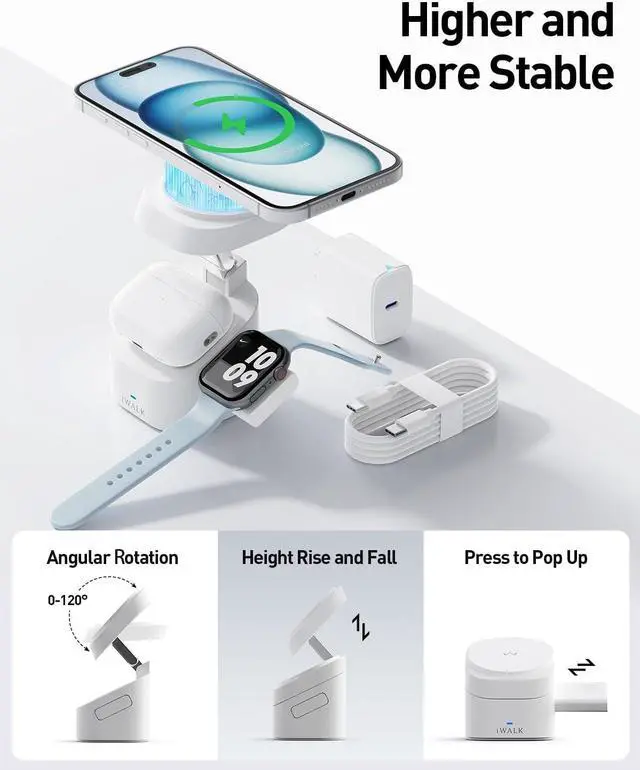 Alt view image 3 of 6 - Magnetic Wireless Charger 3 in 1 Foldable Charger Stand Adjustable Charging Station for  Devices Compatible with iPhone 16/15/14/13/12  Watch AirPods (20W USB-C Charger Included)