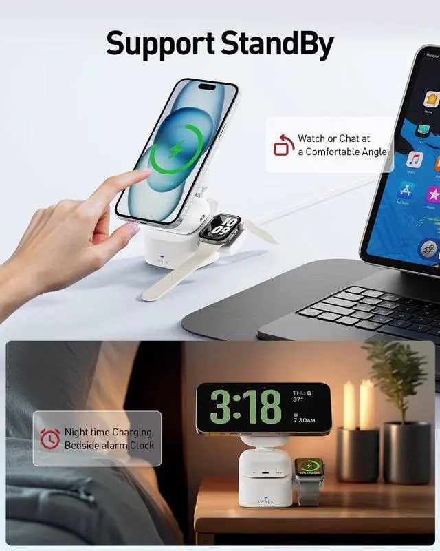 Alt view image 6 of 6 - Magnetic Wireless Charger 3 in 1 Foldable Charger Stand Adjustable Charging Station for  Devices Compatible with iPhone 16/15/14/13/12  Watch AirPods (20W USB-C Charger Included)