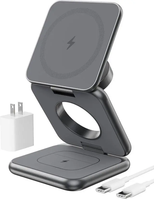 Main image of Foldable Magnetic Wireless Charger, KU XIU X40 Aluminum Alloy 3 in 1 Charging Station for Apple, Fast Magnetic Charger Stand for iPhone 16 15 14 13 12 Series, 5W for iWatch, AirPods 3/2/Pro, Gray
