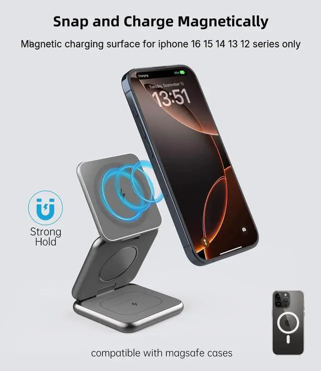 Alt view image 3 of 7 - Foldable Magnetic Wireless Charger, KU XIU X40 Aluminum Alloy 3 in 1 Charging Station for Apple, Fast Magnetic Charger Stand for iPhone 16 15 14 13 12 Series, 5W for iWatch, AirPods 3/2/Pro, Gray