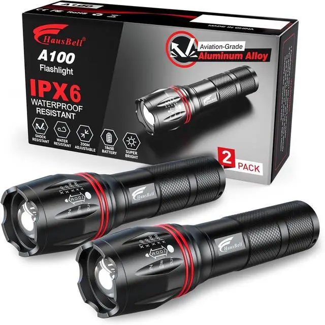 Main image of A100 LED EDC Flashlights High Lumens Bright Zoomable Waterproof Powerful Emergency Tactical LED Flashlights for Home and 5 Modes Flashlight for Camping GearHikingWalking2Pack