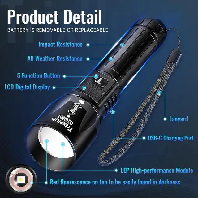 Alt view image 3 of 7 - Rechargeable Flashlights 2 Pack 990 000 Lumens Super Bright Flashlight with LCD Digital Display 5 Adjustable Mode Powerful Tactical Flashlight Waterproof Flashlights for Camping Hiking