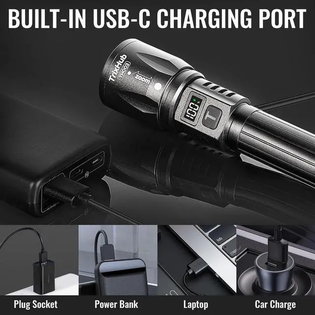 Alt view image 4 of 7 - Rechargeable Flashlights 2 Pack 990 000 Lumens Super Bright Flashlight with LCD Digital Display 5 Adjustable Mode Powerful Tactical Flashlight Waterproof Flashlights for Camping Hiking