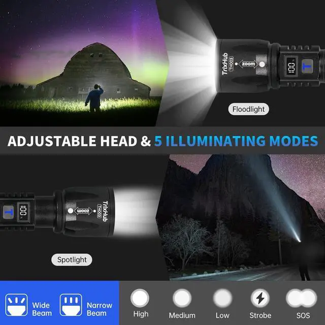 Alt view image 7 of 7 - Rechargeable Flashlights 2 Pack 990 000 Lumens Super Bright Flashlight with LCD Digital Display 5 Adjustable Mode Powerful Tactical Flashlight Waterproof Flashlights for Camping Hiking