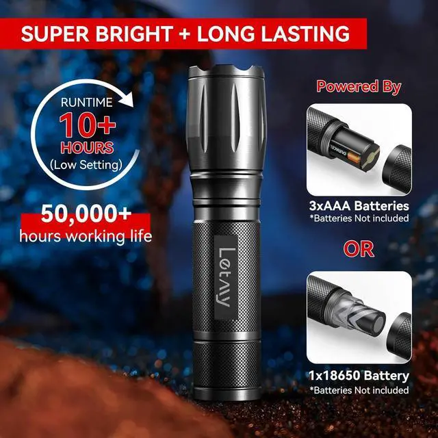 Alt view image 3 of 7 - Tactical Flashlight S2000-2 Pack Bright Military Grade LED Flashlights High Lumens - Portable Handheld Flash Light 5 Modes Zoomable Waterproof Flashlights for Home Emergency Camping Outdoor