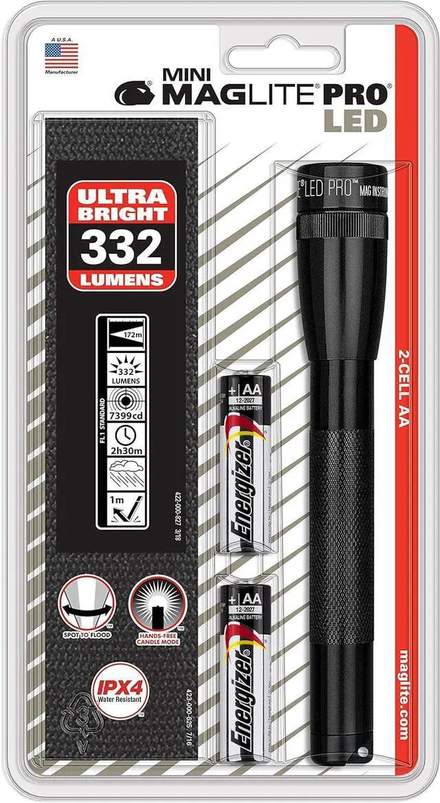 Alt view image 3 of 4 - Mini LED PRO Flashlight - Ultra Bright 332 Lumens Adjustable Beam Water-Resistant IPX4 Shock Resistant 2 Power Modes Includes 2 AA Premium Alkaline Batteries - (Holster Pack Black)