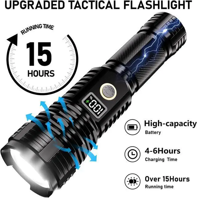 Alt view image 4 of 7 - Flashlights High Lumens Rechargeable 990000LM LED Super Bright Flash Light Zoomable Linternas with LCD Digital Display 5 Modes Waterproof Powerful Tactical Flashlight for Emergencies Camping Gift