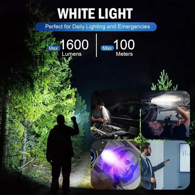 Alt view image 2 of 7 - KCSIM 1600 Lumens Rechargeable EDC Flashlight with Green Beam UV Light and White LED Combo Portable Flat Flashlights Triple Light Sources Pocket Lights for Emergency (Black)
