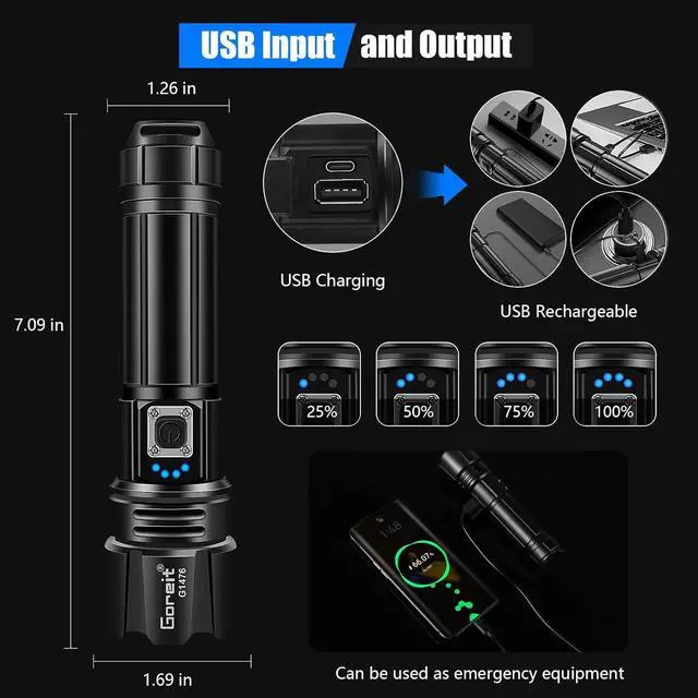 Alt view image 4 of 7 - Flashlight High Lumens Rechargeable 990 000 Lumen Led Flashlights XHP70.2 USB Super Bright Flash Light Battery Powered Powerful Handheld Flashlights for Emergencies Camping IP67 Waterproof