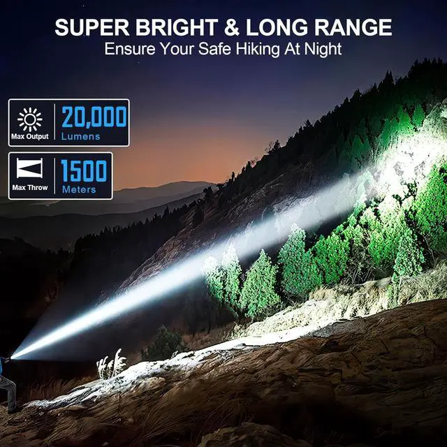Alt view image 2 of 7 - Rechargeable Flashlights 20 000 High Lumens 1500M Long Throw Super Bright LED Small Powerful Tactical Flashlight with Memory Function 6Modes Pocket Waterproof Flash Light for Camping Emergency